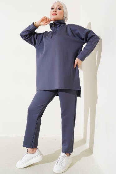 Yakası Yarım Fermuarlı Scuba İkili Takım Füme - İkili Takım