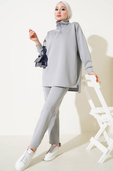 Yakası Yarım Fermuarlı Scuba İkili Takım Gri - İkili Takım