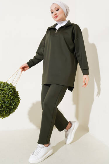 Yakası Yarım Fermuarlı Scuba İkili Takım Haki - İkili Takım