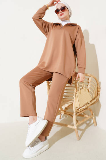 Yakası Yarım Fermuarlı Scuba İkili Takım Latte - İkili Takım