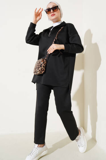 Yakası Yarım Fermuarlı Scuba İkili Takım Siyah - İkili Takım