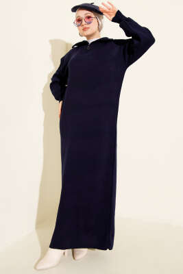 Yakası Yarım Fermuarlı Triko Elbise Lacivert - KILIÇ TRİKO