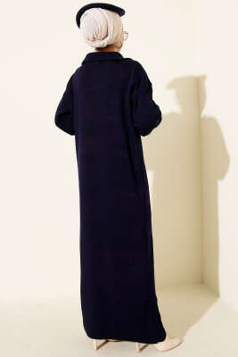 Yakası Yarım Fermuarlı Triko Elbise Lacivert - Elbise