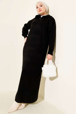 Yakası Yarım Fermuarlı Triko Elbise Siyah - KILIÇ TRİKO