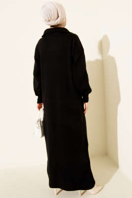 Yakası Yarım Fermuarlı Triko Elbise Siyah - Elbise