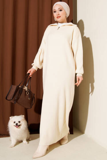 Yakası Yarım Fermuarlı Triko Elbise Taş - Elbise