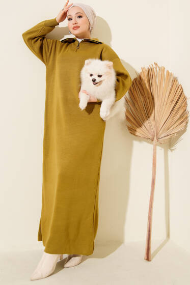 Yakası Yarım Fermuarlı Triko Elbise Yağ Yeşili - Elbise