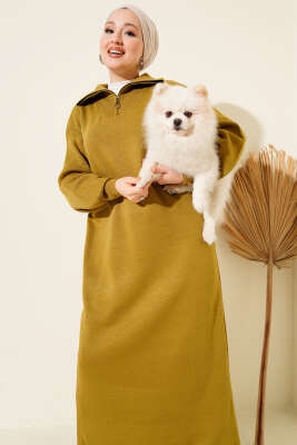 Yakası Yarım Fermuarlı Triko Elbise Yağ Yeşili - Elbise