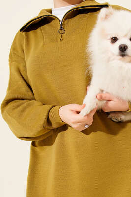 Yakası Yarım Fermuarlı Triko Elbise Yağ Yeşili - Elbise