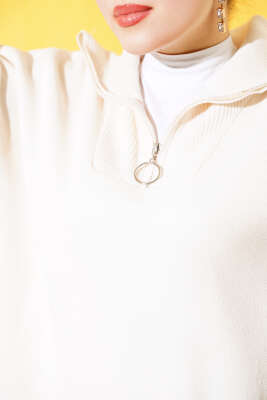 Yakası Yarım Fermuarlı Triko Tunik Bej - Triko Tunik