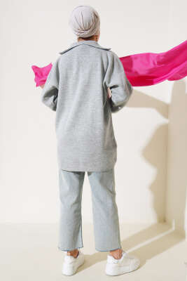 Yakası Yarım Fermuarlı Triko Tunik Gri - Triko Tunik