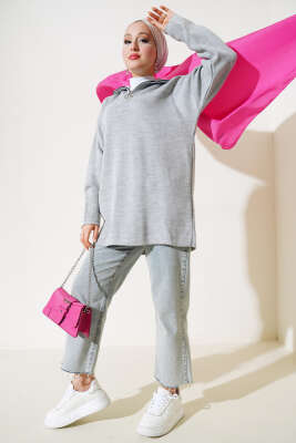 Yakası Yarım Fermuarlı Triko Tunik Gri - Triko Tunik