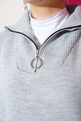 Yakası Yarım Fermuarlı Triko Tunik Gri - Triko Tunik