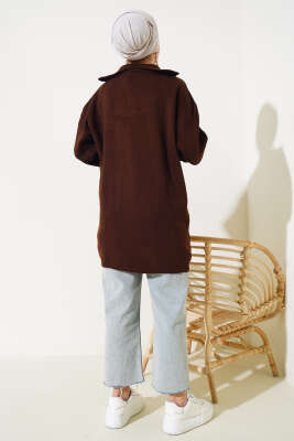 Yakası Yarım Fermuarlı Triko Tunik Kahve - Triko Tunik