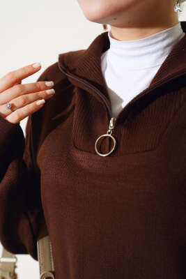 Yakası Yarım Fermuarlı Triko Tunik Kahve - Triko Tunik