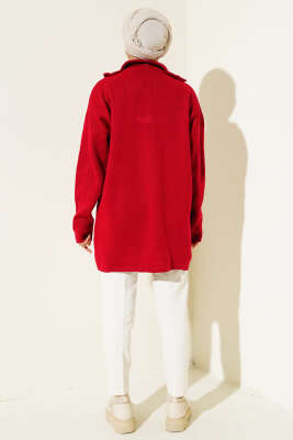 Yakası Yarım Fermuarlı Triko Tunik Kırmızı - Triko Tunik