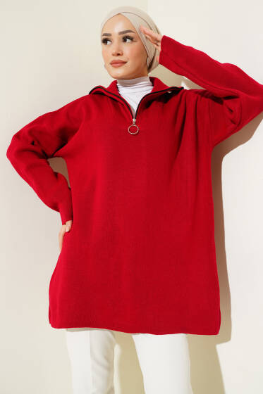 Yakası Yarım Fermuarlı Triko Tunik Kırmızı - Tunik