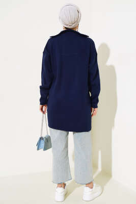 Yakası Yarım Fermuarlı Triko Tunik Lacivert - Triko Tunik