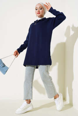 Yakası Yarım Fermuarlı Triko Tunik Lacivert - Triko Tunik