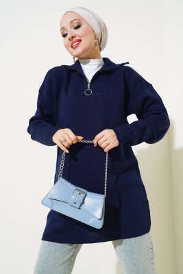 Yakası Yarım Fermuarlı Triko Tunik Lacivert 