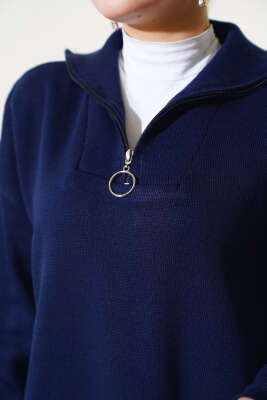 Yakası Yarım Fermuarlı Triko Tunik Lacivert - Triko Tunik