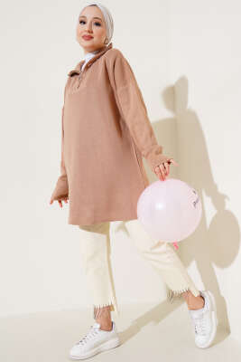 Yakası Yarım Fermuarlı Triko Tunik Latte - Triko Tunik