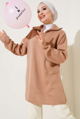 Yakası Yarım Fermuarlı Triko Tunik Latte 