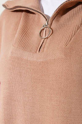 Yakası Yarım Fermuarlı Triko Tunik Latte - Triko Tunik