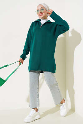 Yakası Yarım Fermuarlı Triko Tunik Nefti - Triko Tunik