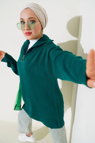 Yakası Yarım Fermuarlı Triko Tunik Nefti - Tunik