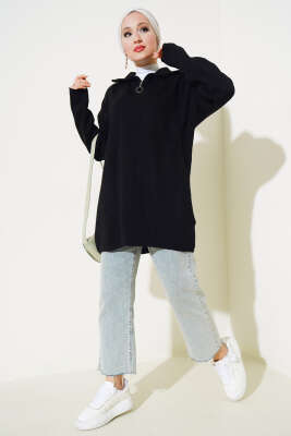 Yakası Yarım Fermuarlı Triko Tunik Siyah - Triko Tunik