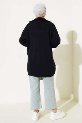 Yakası Yarım Fermuarlı Triko Tunik Siyah - Triko Tunik