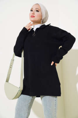 Yakası Yarım Fermuarlı Triko Tunik Siyah - Triko Tunik