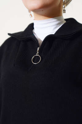 Yakası Yarım Fermuarlı Triko Tunik Siyah - Triko Tunik