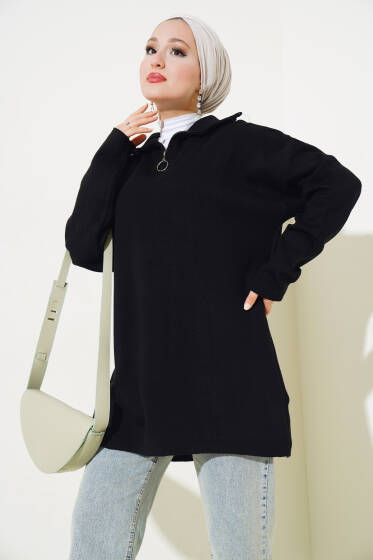 Yakası Yarım Fermuarlı Triko Tunik Siyah - Tunik