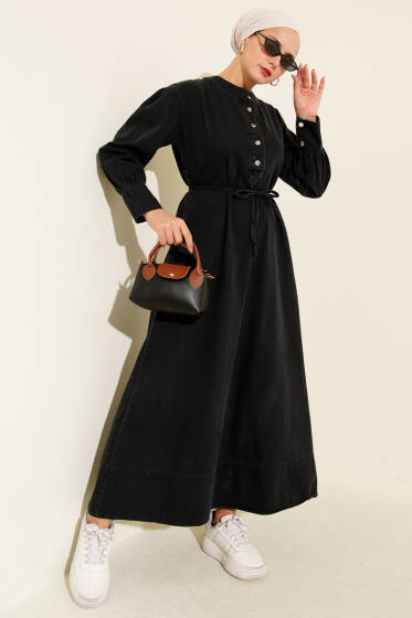 Yakası Yarım Metal Düğmeli Kot Elbise Füme - Elbise