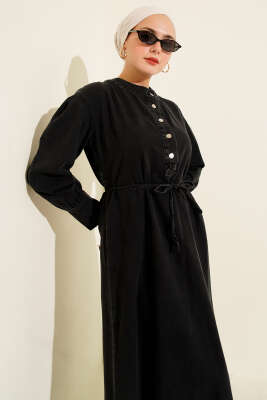 Yakası Yarım Metal Düğmeli Kot Elbise Füme - Elbise