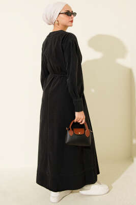 Yakası Yarım Metal Düğmeli Kot Elbise Füme - Elbise