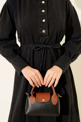 Yakası Yarım Metal Düğmeli Kot Elbise Füme - Elbise