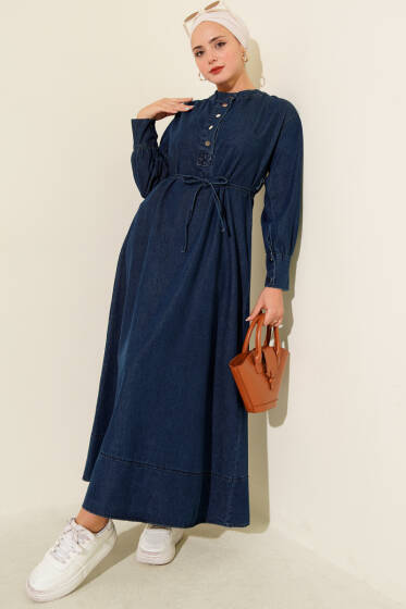 Yakası Yarım Metal Düğmeli Kot Elbise Kot - Elbise