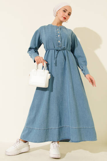 Yakası Yarım Metal Düğmeli Kot Elbise Kot Mavisi - Elbise