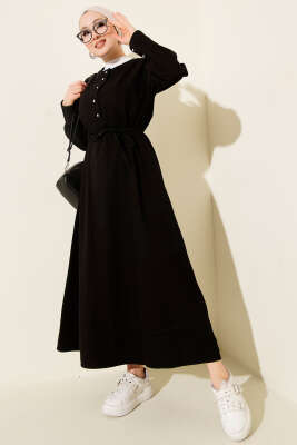 Yakası Yarım Metal Düğmeli Kot Elbise Siyah 
