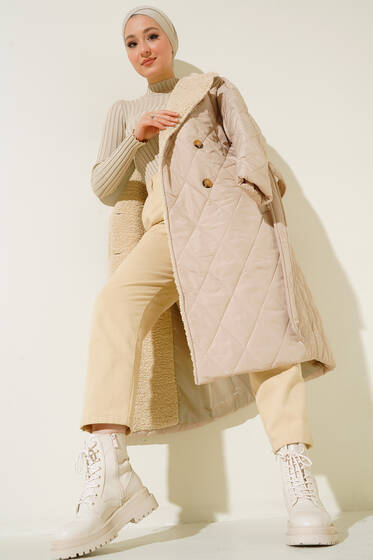 Yakası Yünlü Kuşaklı Mont Taş - Mont