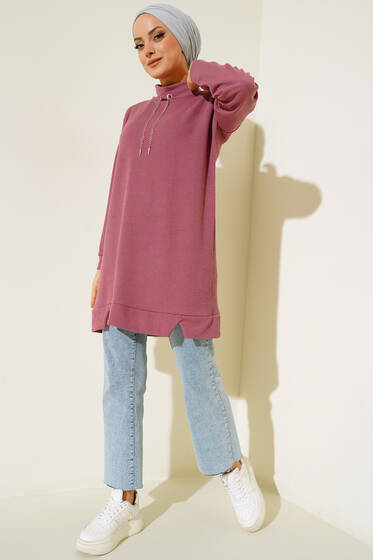 Yakası Zincir Süslemeli Burgu Tunik Gül Kurusu - Tunik