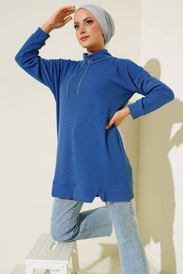 Yakası Zincir Süslemeli Burgu Tunik İndigo - Tunik