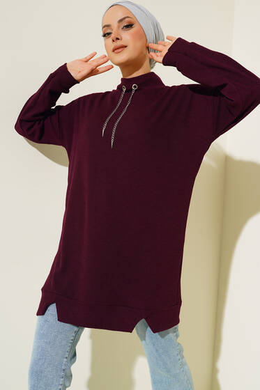 Yakası Zincir Süslemeli Burgu Tunik Mürdüm - Tunik