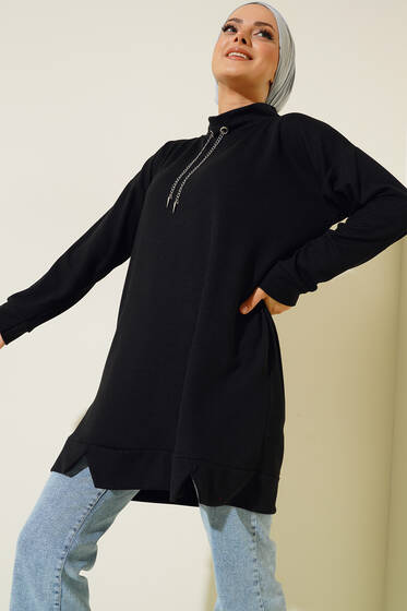 Yakası Zincir Süslemeli Burgu Tunik Siyah - Tunik