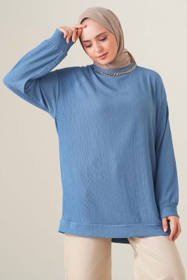 Yakası Zincir Süslemeli İndigo Tunik - ADYES