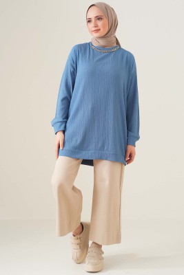 Yakası Zincir Süslemeli İndigo Tunik - Tunik