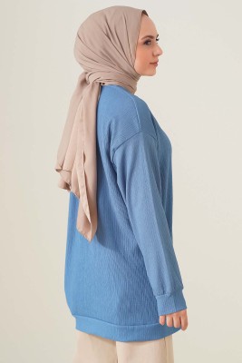 Yakası Zincir Süslemeli İndigo Tunik - Tunik